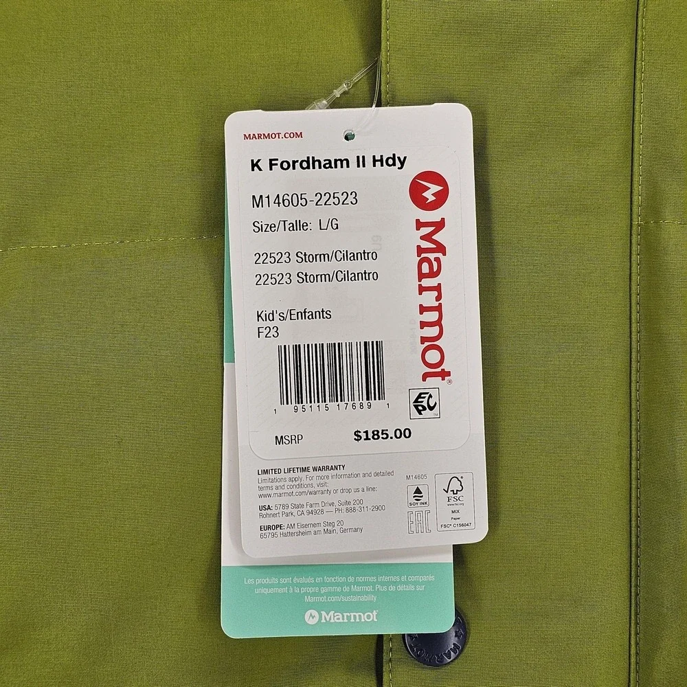 Marmot Fordham II Hoody Jacket Boys Large Green Blue 700 Fill Down Waterproof‎